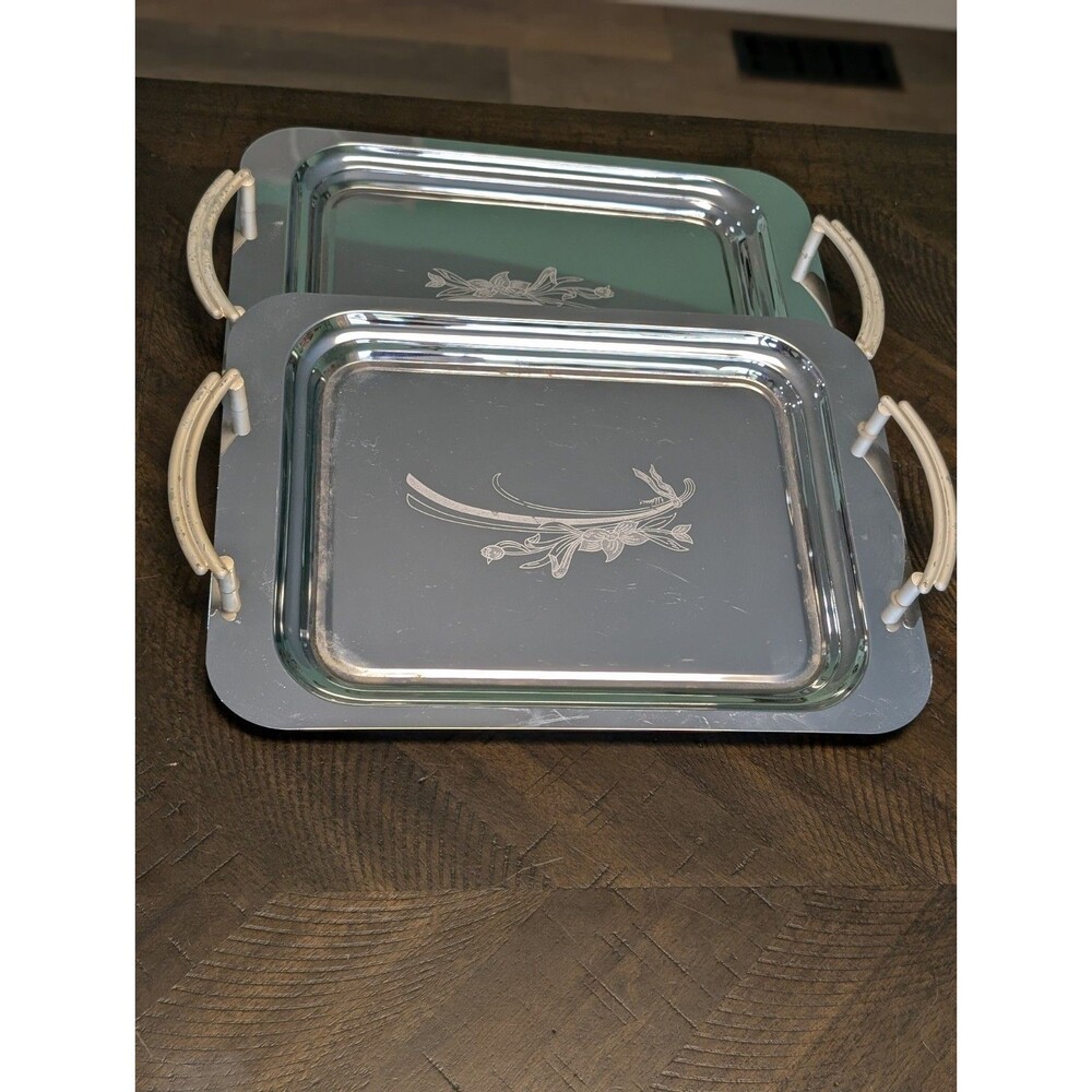 2 Stainless Steel Serving Trays Tulip Floral Handles 13” Vtg - Scratched/Used